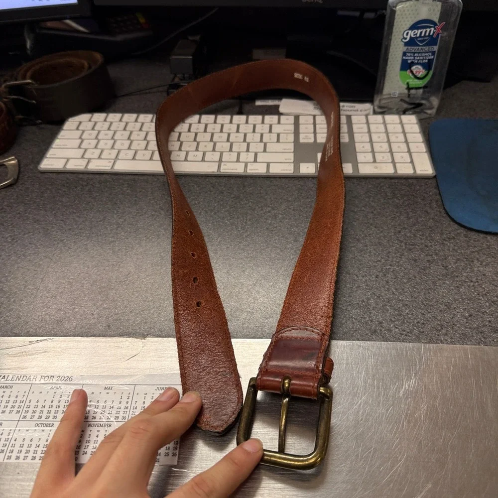 Sisley Jeans Leather Belt Unisex 85 Brown Good Italian Brass Buckle Vintage